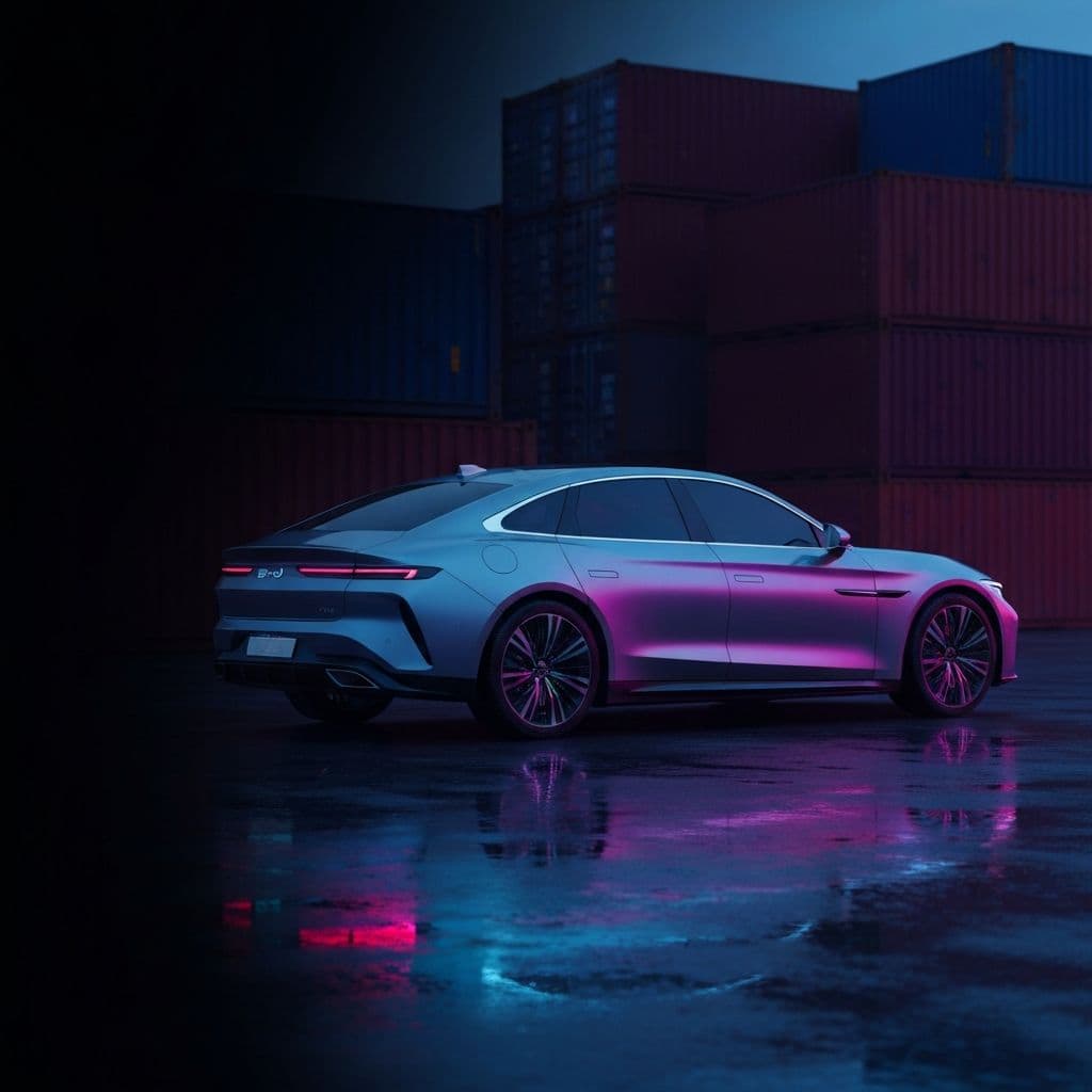 Plan cinématographique d'un véhicule électrique chinois élégant sortant d'un conteneur futuriste