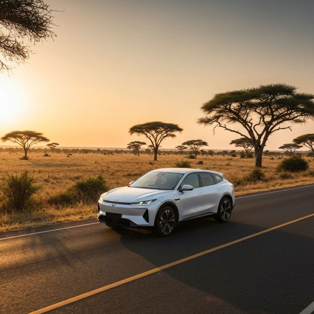SUV électrique sur une route de savane en Afrique de l'Est