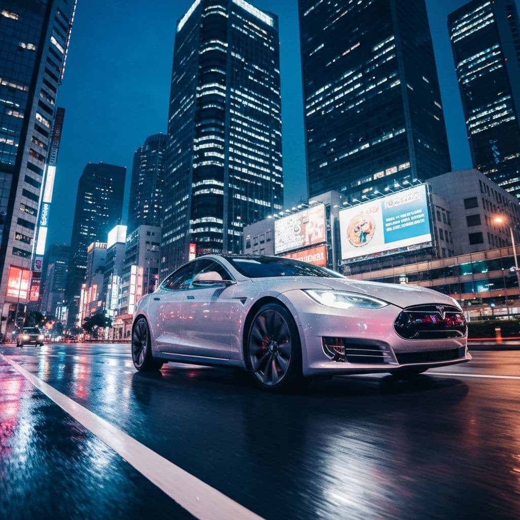 Voiture électrique dans une rue urbaine asiatique aux néons