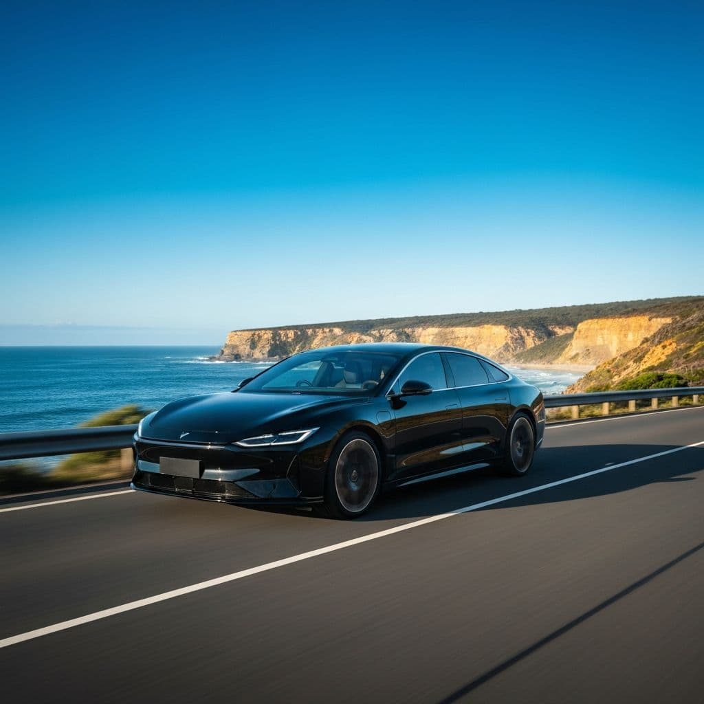 Berline électrique sur une route côtière australienne