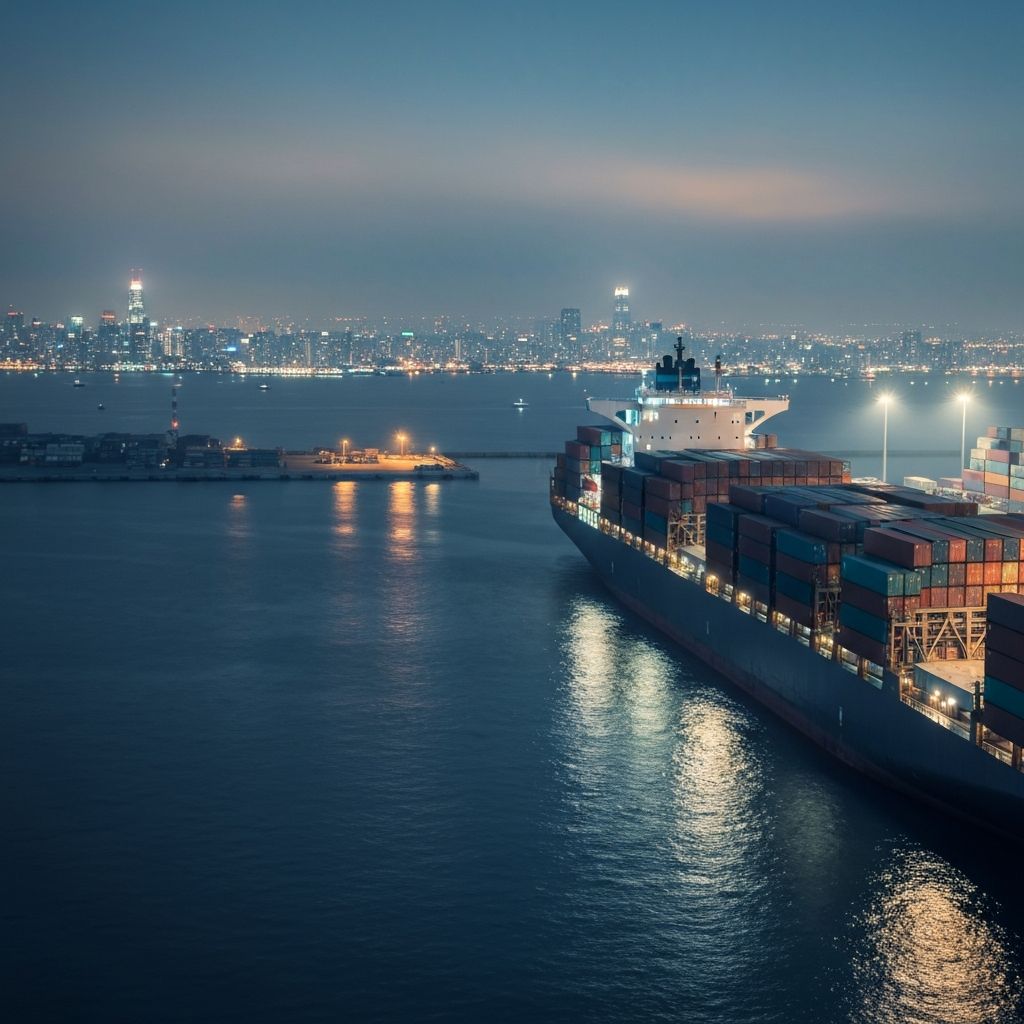Hundreds of electric vehicles lined up at an international shipping port at dusk, ready to be loaded onto a RoRo cargo ship